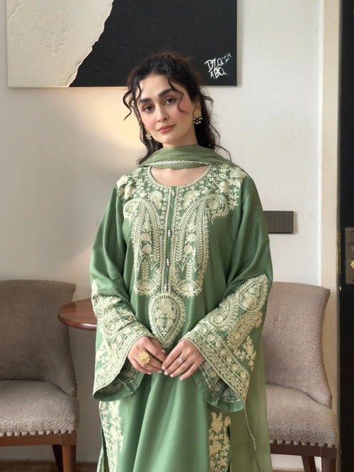 Aafreen Embroidered 3pc - Jade green - Lawn
